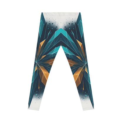 Geometric prism leggings with bold floral kaleidoscope all-over print, featuring vibrant colorful patterns on stretchy fabric.