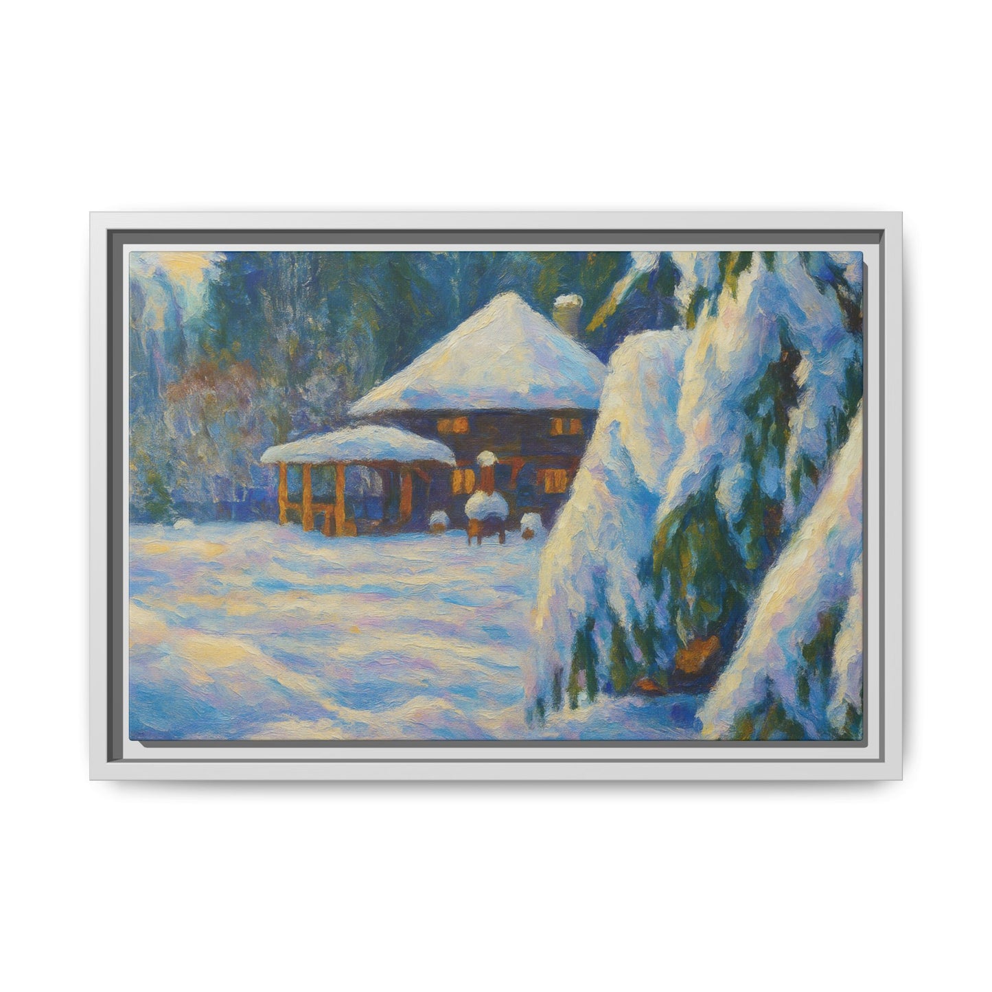 Framed matte canvas print of a snowy cabin winter landscape wall art by Printify, featuring a cozy cabin surrounded by snow.
