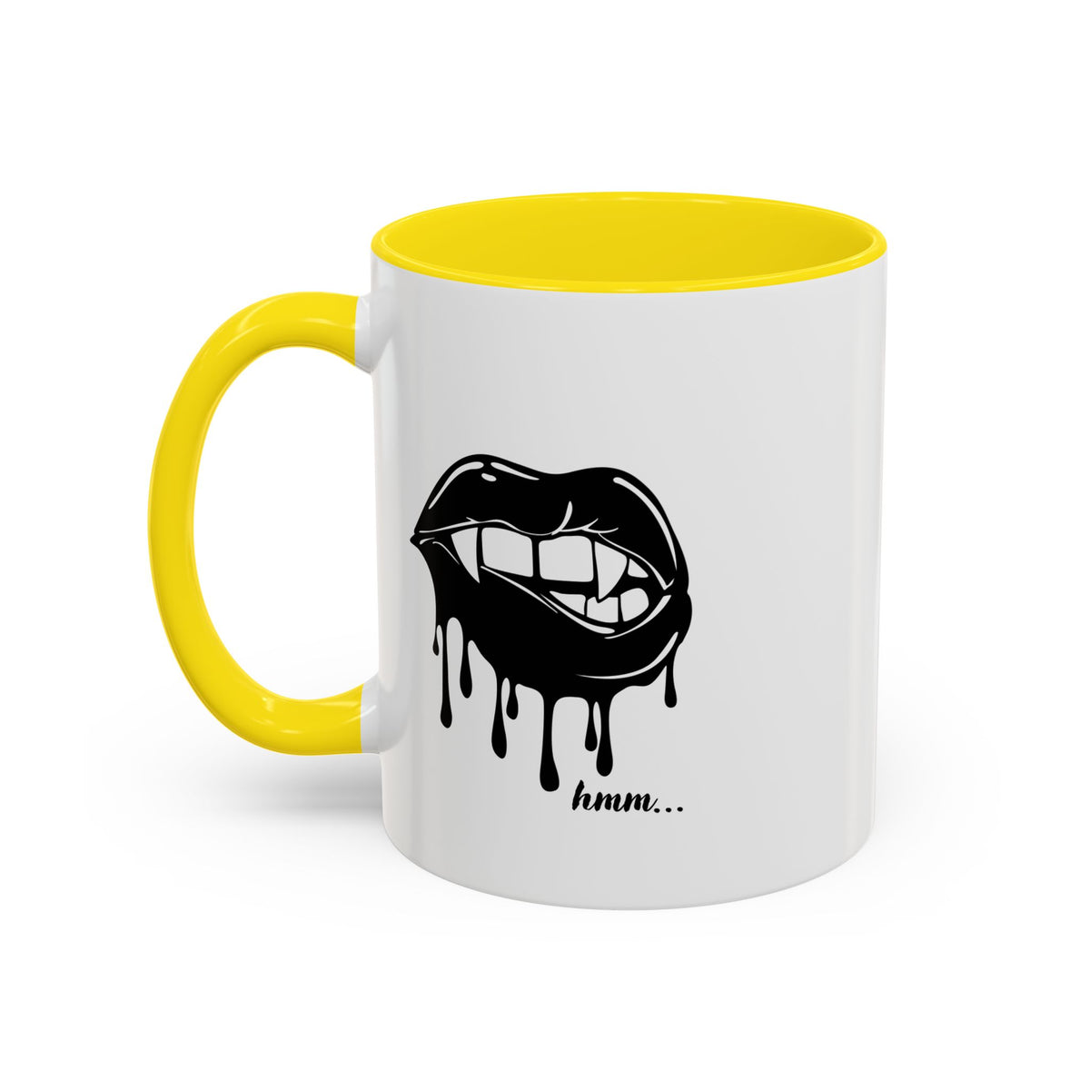 Black accent Dripping Bite Coffee Mug by Printify, 11oz or 15oz ceramic mug with unique dripping design and bold graphic.