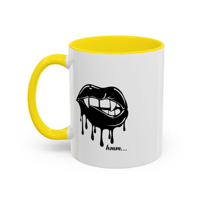 Black accent Dripping Bite Coffee Mug by Printify, 11oz or 15oz ceramic mug with unique dripping design and bold graphic.