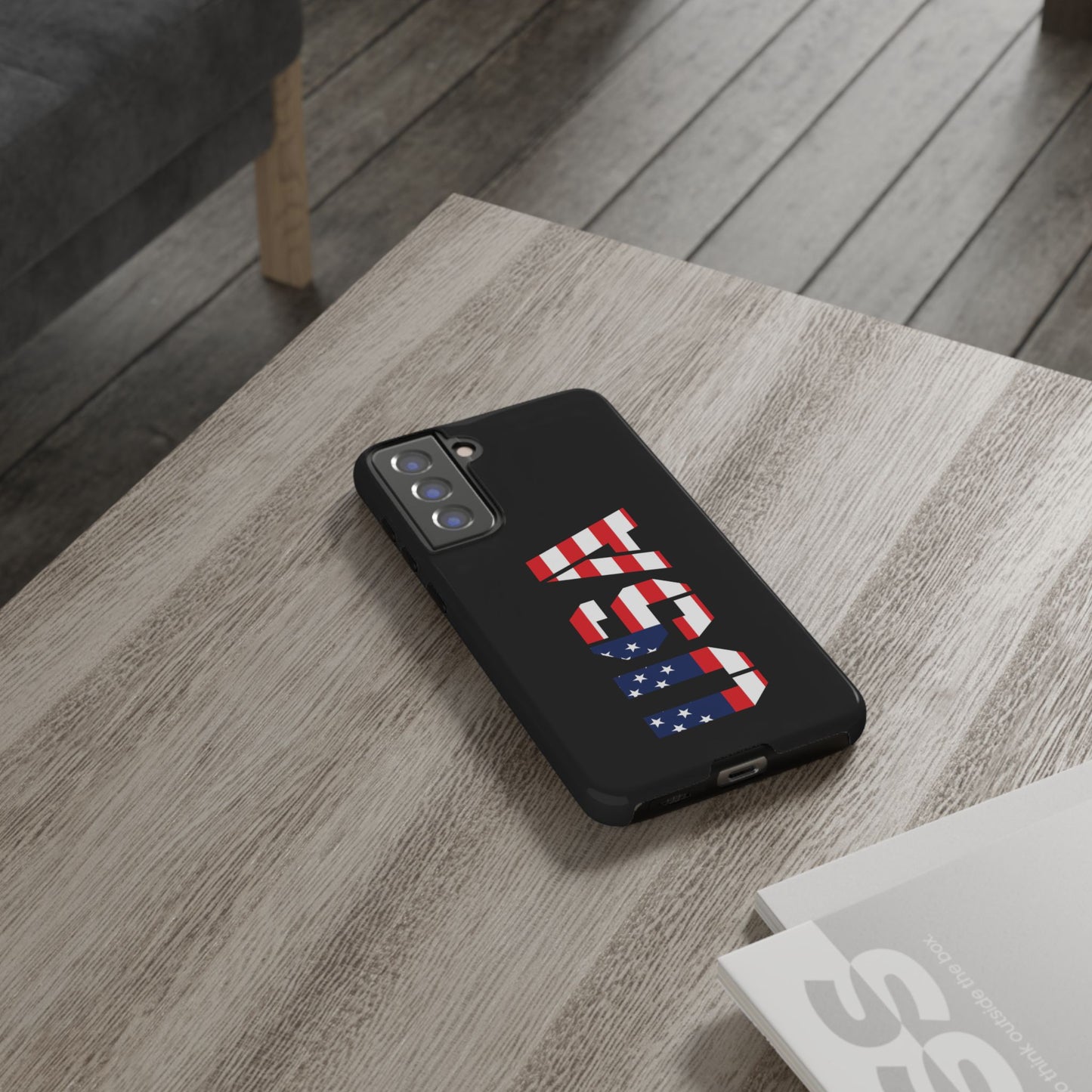 USA phone case with patriotic American flag design, durable tough case for iPhone, featuring bold red, white, and blue flag graphics.