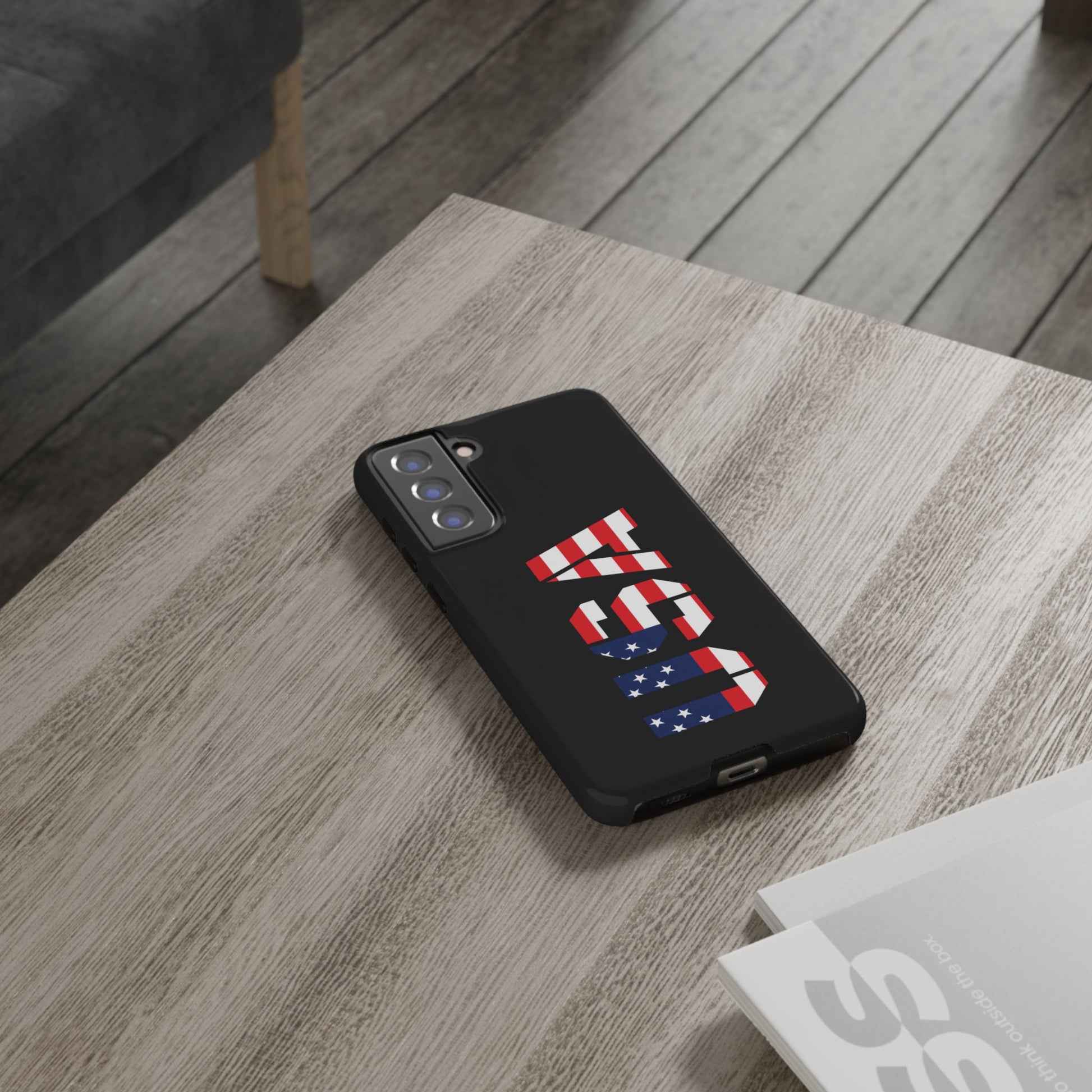USA phone case with patriotic American flag design, durable tough case for iPhone, featuring bold red, white, and blue flag graphics.