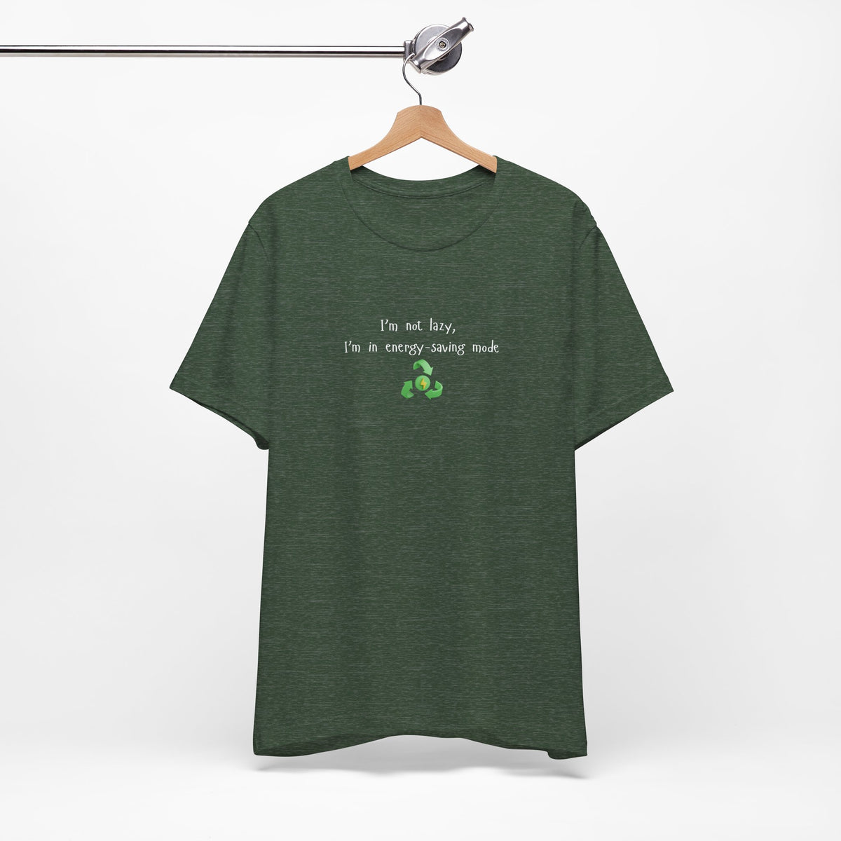 Eco-friendly mock T-shirt with humorous "I'm Not Lazy, I'm an Energy-Saving Mock" print, from Printify.