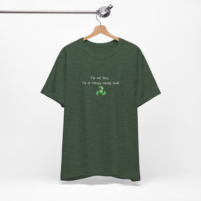 Eco-friendly mock T-shirt with humorous "I'm Not Lazy, I'm an Energy-Saving Mock" print, from Printify.