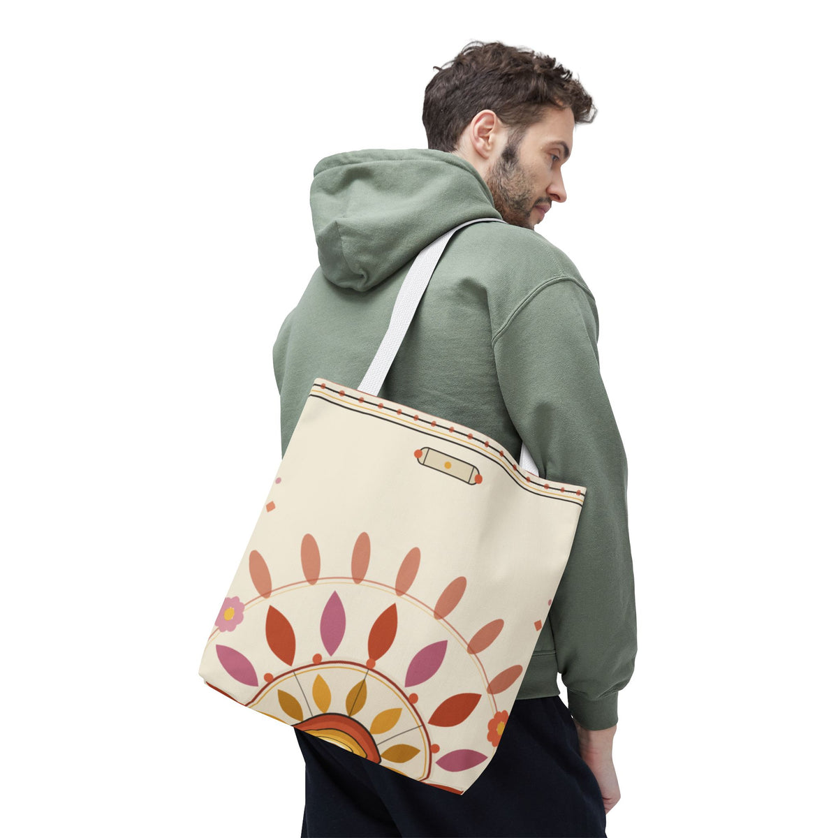 Boho floral mandala tote bag with pastel sunburst pattern, featuring colorful floral and geometric design on canvas.