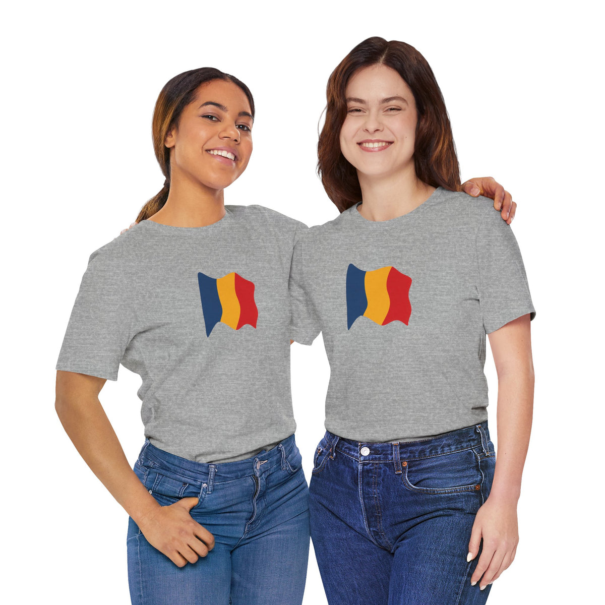 Romania flag T-shirt by Printify featuring a minimal waving tricolor design on a casual tee.