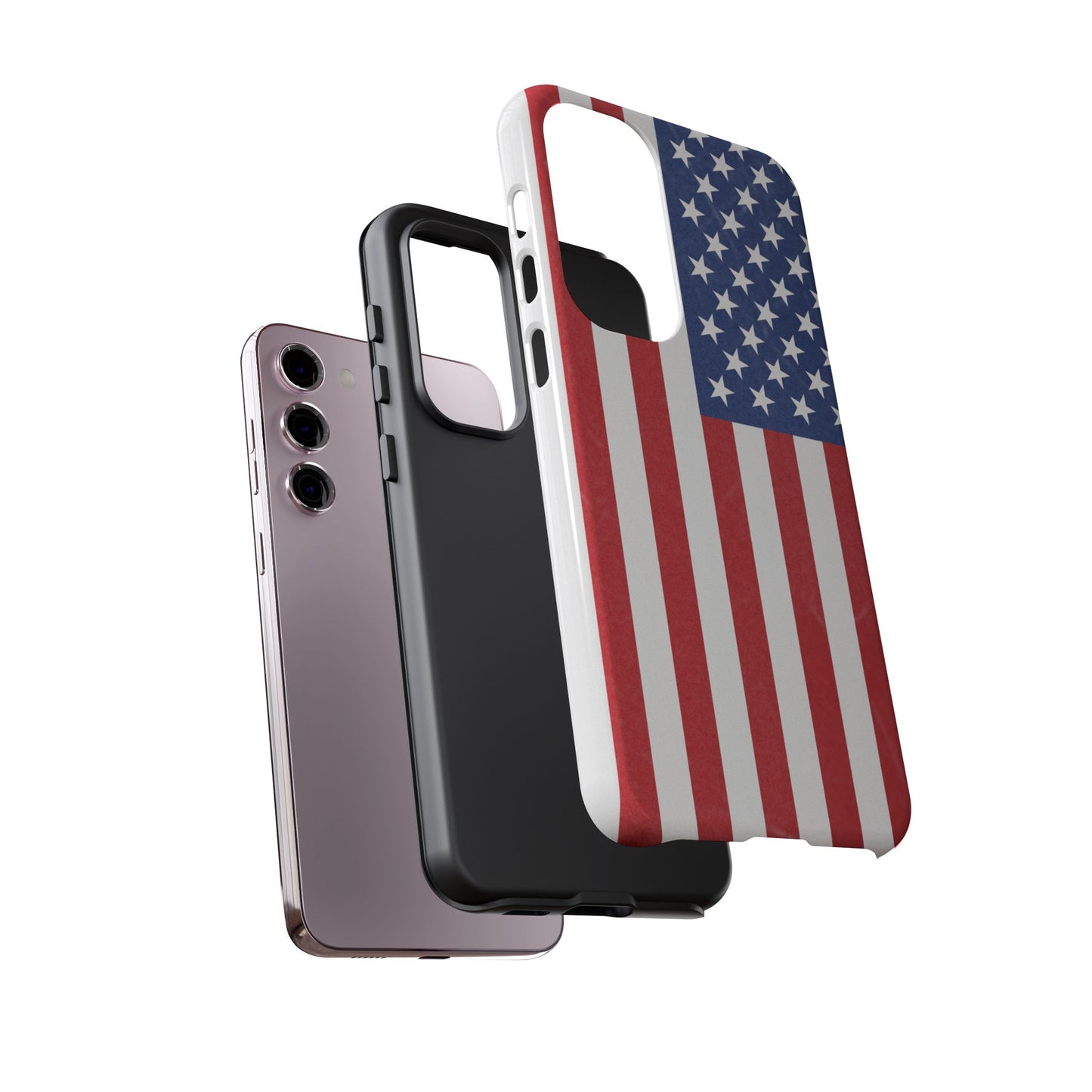 Durable American flag phone case for iPhone with patriotic design, made by Printify, featuring bold stars and stripes.