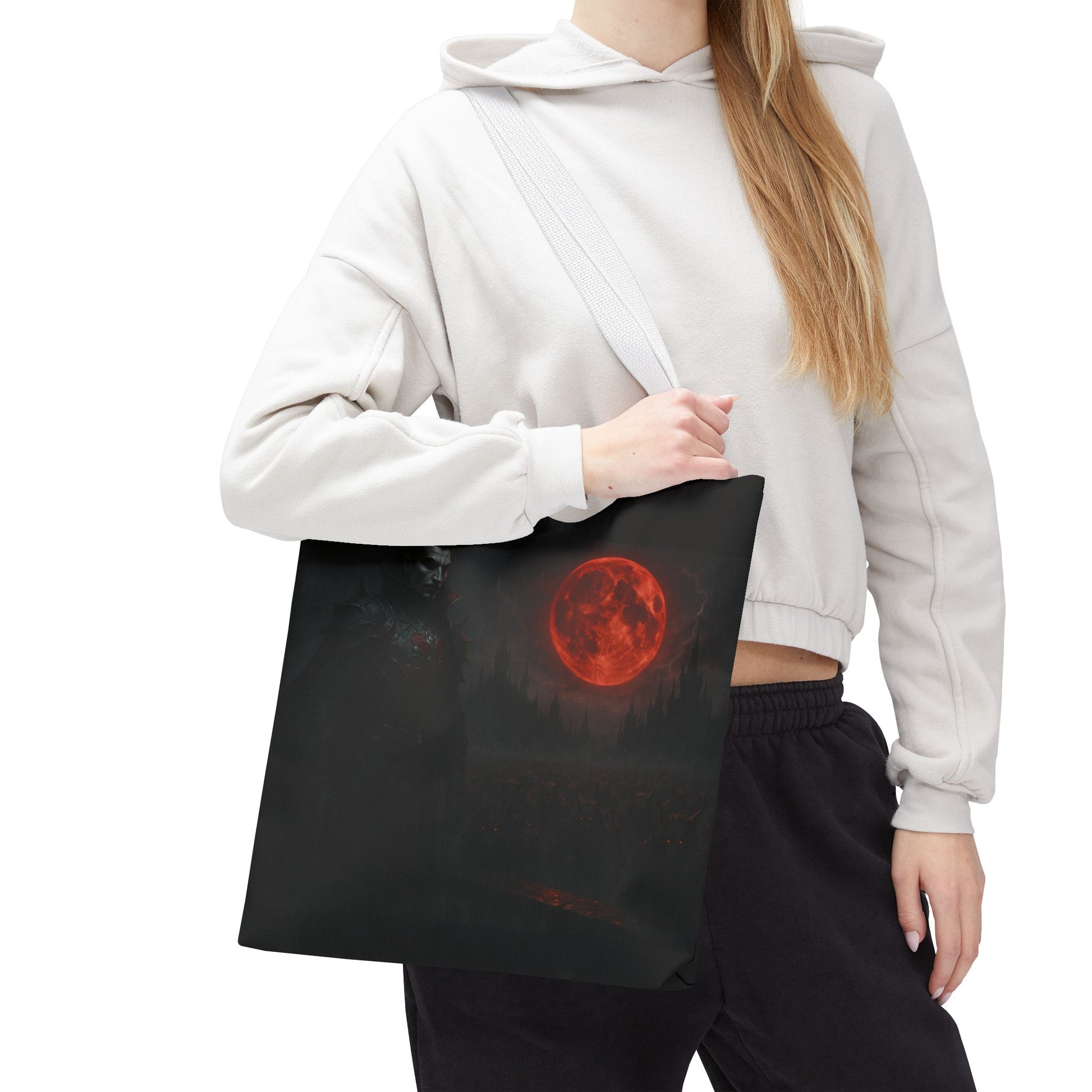 Gothic Dracula tote bag with moonlit vampire art, perfect Halloween gift, made by Printify for stylish, everyday carry.