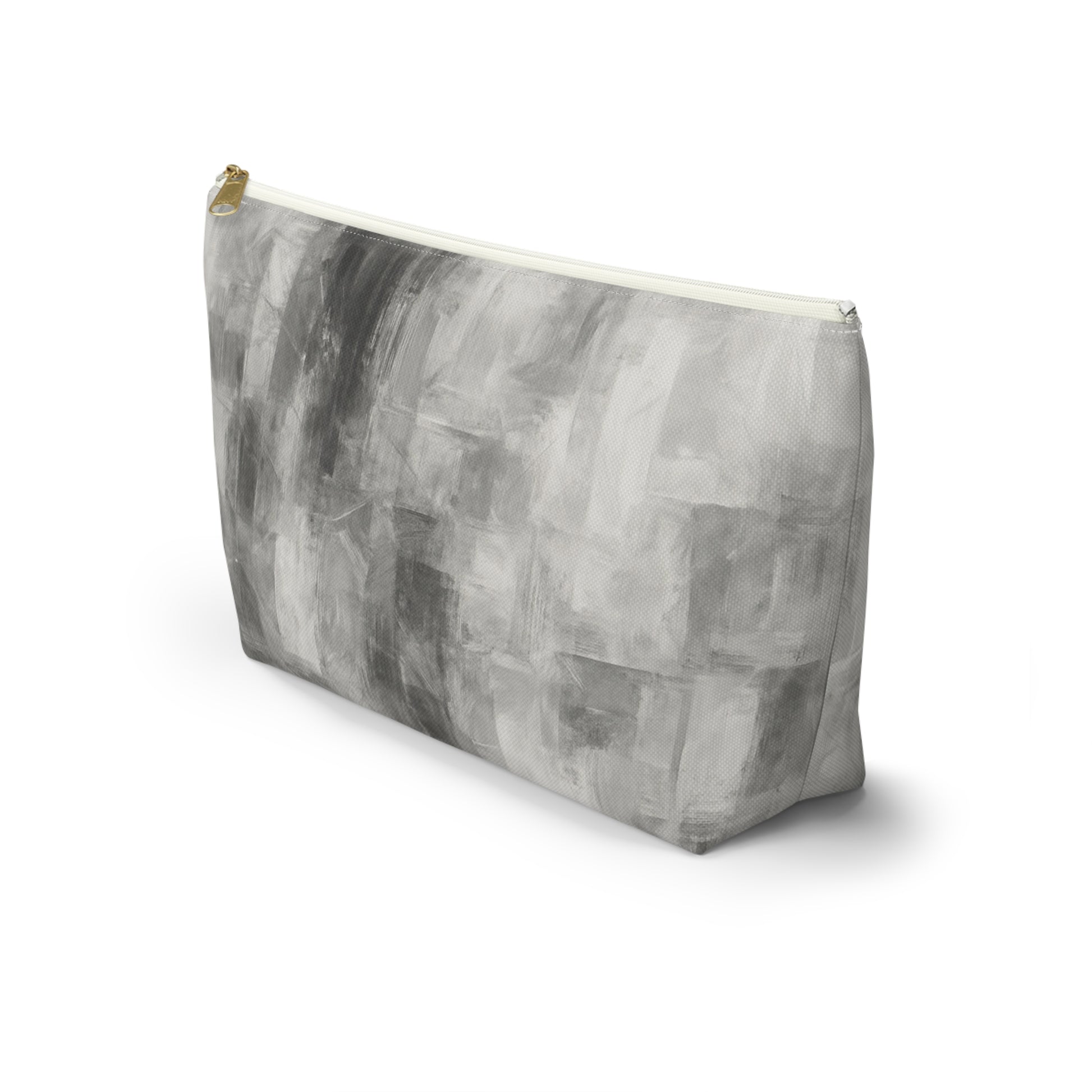 Gray abstract brushstroke accessory pouch from Printify, featuring artistic design, compact bag for cosmetics or small essentials.