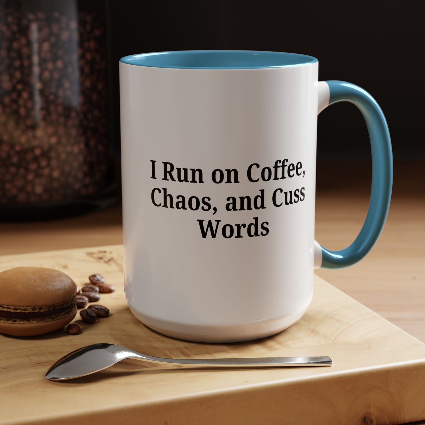 Funny Black Accent Coffee Mug - "I Run on Coffee, Chaos, and Cuss Words" - Ideal Gift for Coffee Lovers - TRV