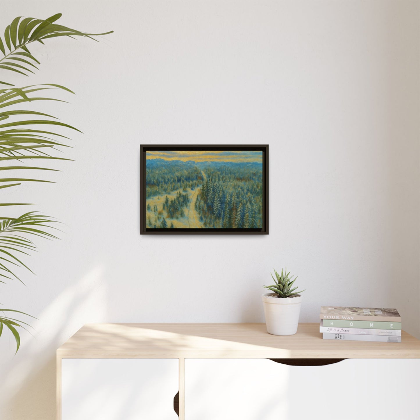 Framed matte canvas print of a serene winter forest landscape by Printify, showcasing snow-covered trees and peaceful scenery.