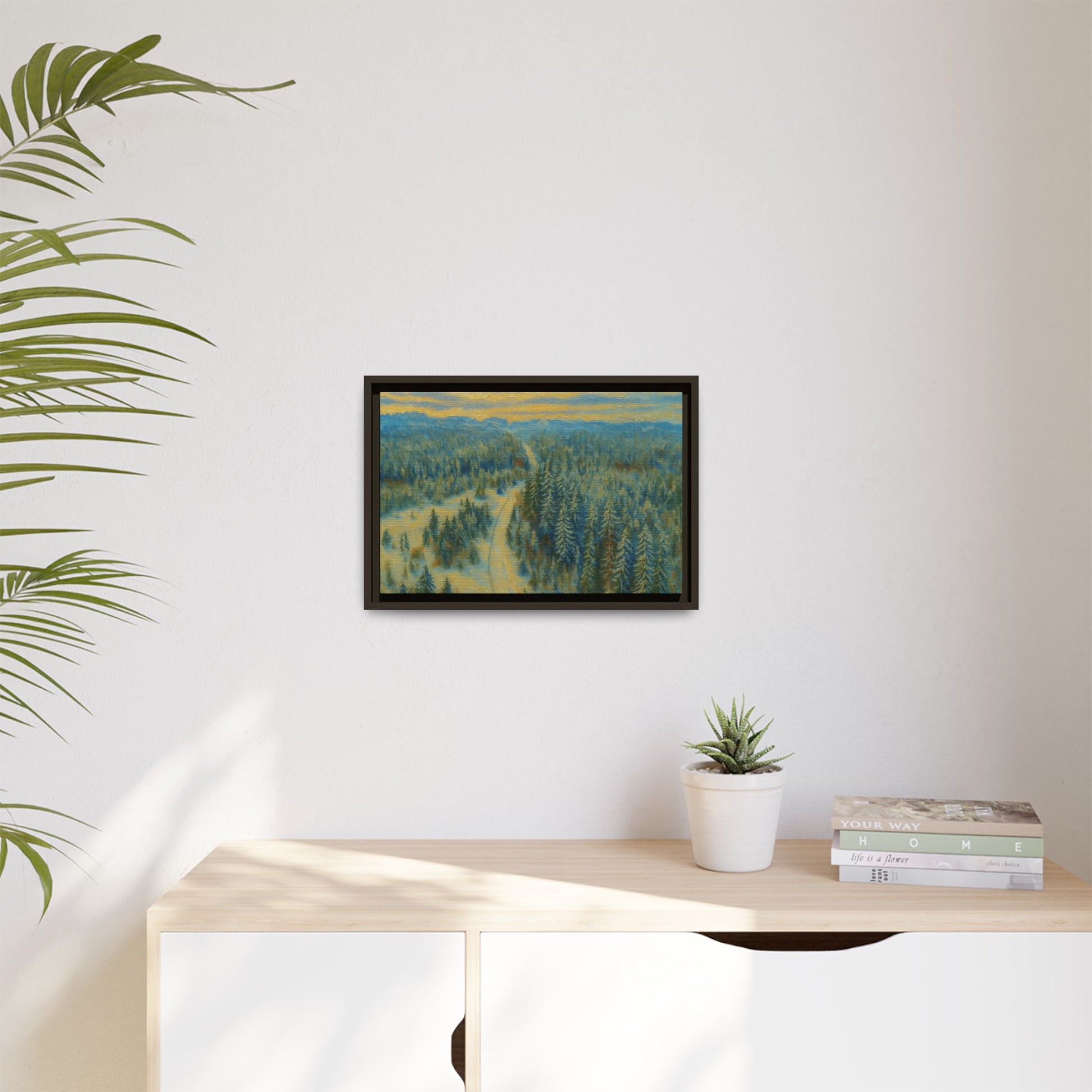 Framed matte canvas print of a serene winter forest landscape by Printify, showcasing snow-covered trees and peaceful scenery.