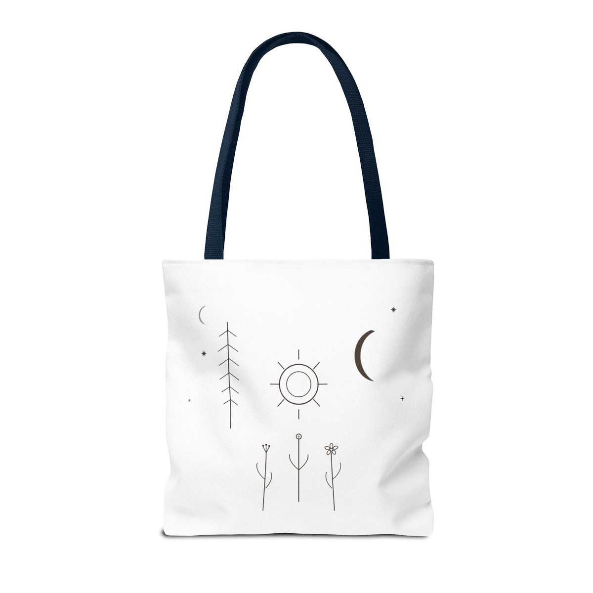 Minimal moon and sun botanical tote bag with celestial line art design, crafted by Printify.