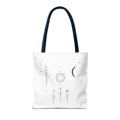 Minimal moon and sun botanical tote bag with celestial line art design, crafted by Printify.