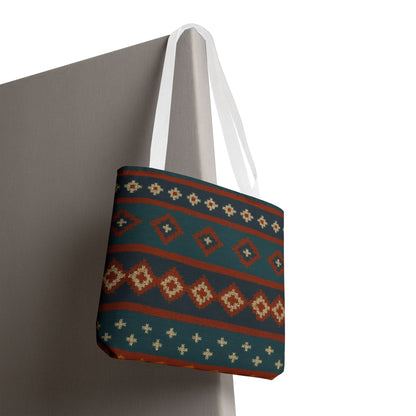 Southwestern diamond pattern tote bag with Aztec tribal geometric print, featuring sturdy handles and vibrant design.