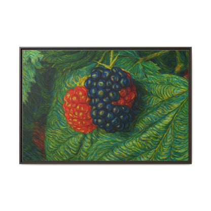 Framed canvas print of a blackberry still life by Printify, featuring detailed blackberries on a textured canvas background.