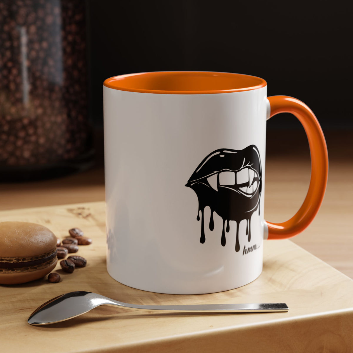 Black accent Dripping Bite coffee mug by Printify, 11oz or 15oz size, featuring a dripping bite design on smooth ceramic surface.