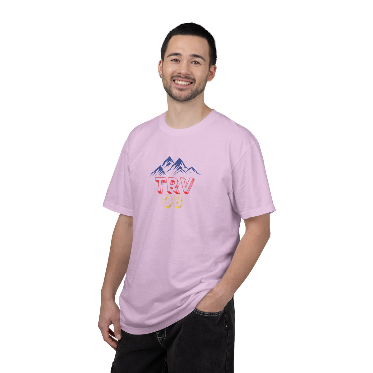 Unisex garment-dyed T-shirt with printed logo design, styled casually on a hanger, from Printify's TRV08 Logo Tee collection.