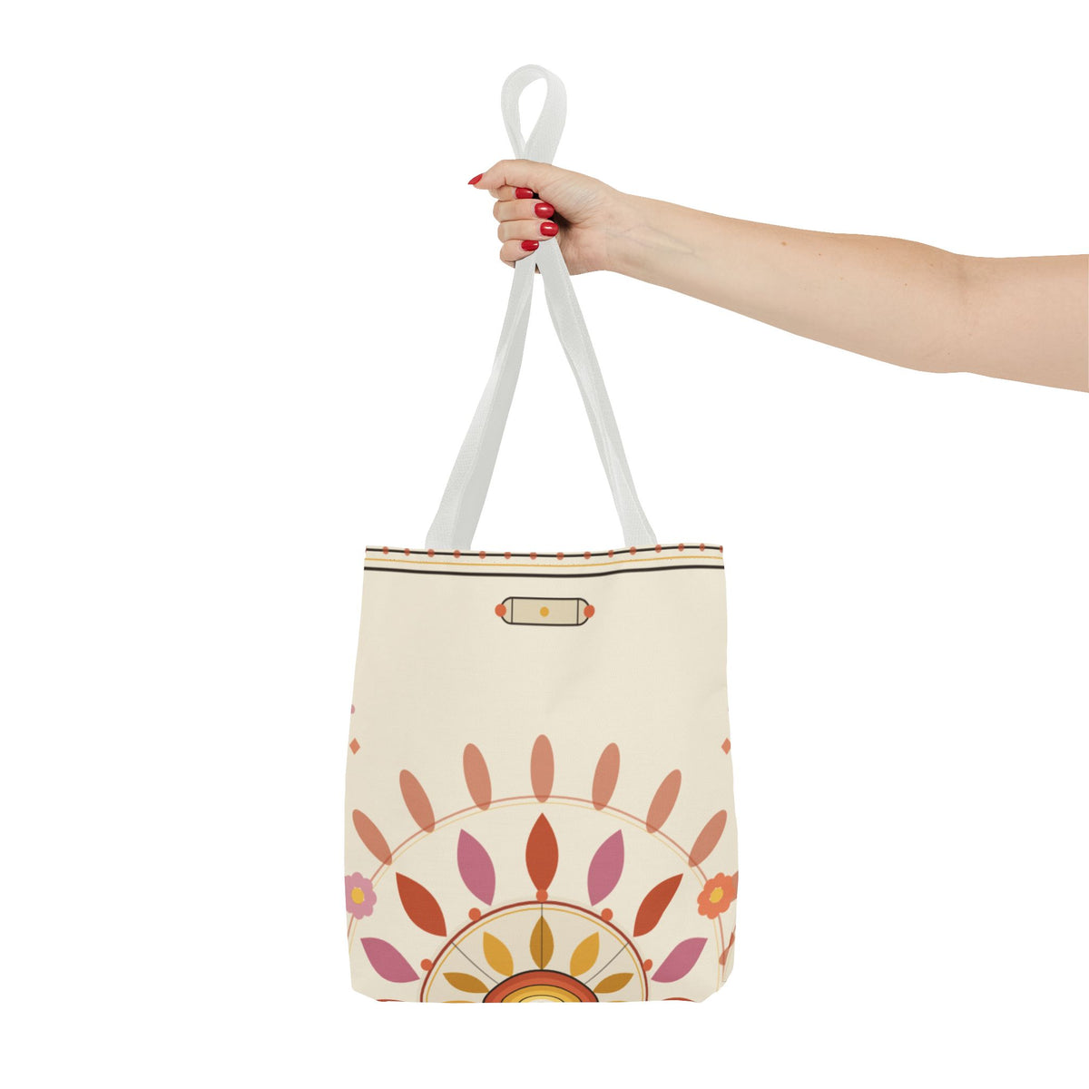 Boho floral mandala tote bag with pastel sunburst pattern, stylish bags by Printify, showing detailed design and sturdy handles.