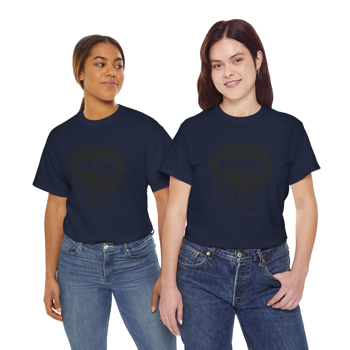 Graphic Tee featuring a dripping lips design with the text "hmm..." on a black T-shirt by Printify.