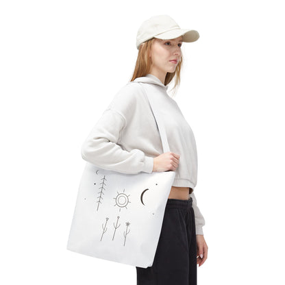 Minimal Moon and Sun botanical tote bag with celestial line art design, crafted by Printify.