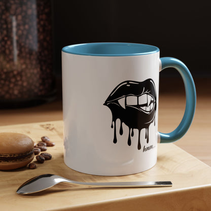 Black dripping lips graphic coffee mug with bite design, 11oz or 15oz, featuring bold print and a stylish accent for hot beverages.