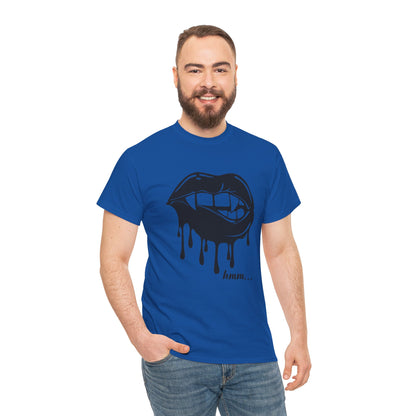 Black graphic T-shirt by Printify featuring a dripping lips design with a "hmm..." bite illustration on the front.