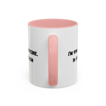 Ceramic coffee mug with "I'm 99% Caffeine, 1% Sarcasm" quote, designed by Printify, featuring a white background and black text.