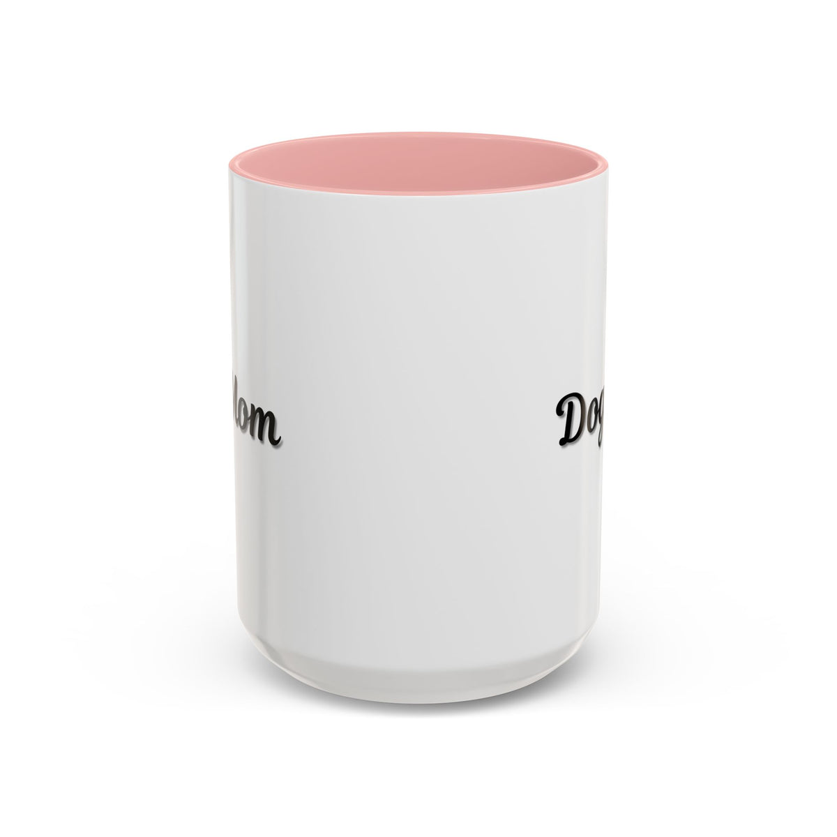 Dog Mom Accent Coffee Mug — white ceramic coffee mug with retro script "Dog Mom" print, colored interior and C-handle, 11oz/15oz, top-down view