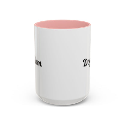 Dog Mom Accent Coffee Mug — white ceramic coffee mug with retro script "Dog Mom" print, colored interior and C-handle, 11oz/15oz, top-down view