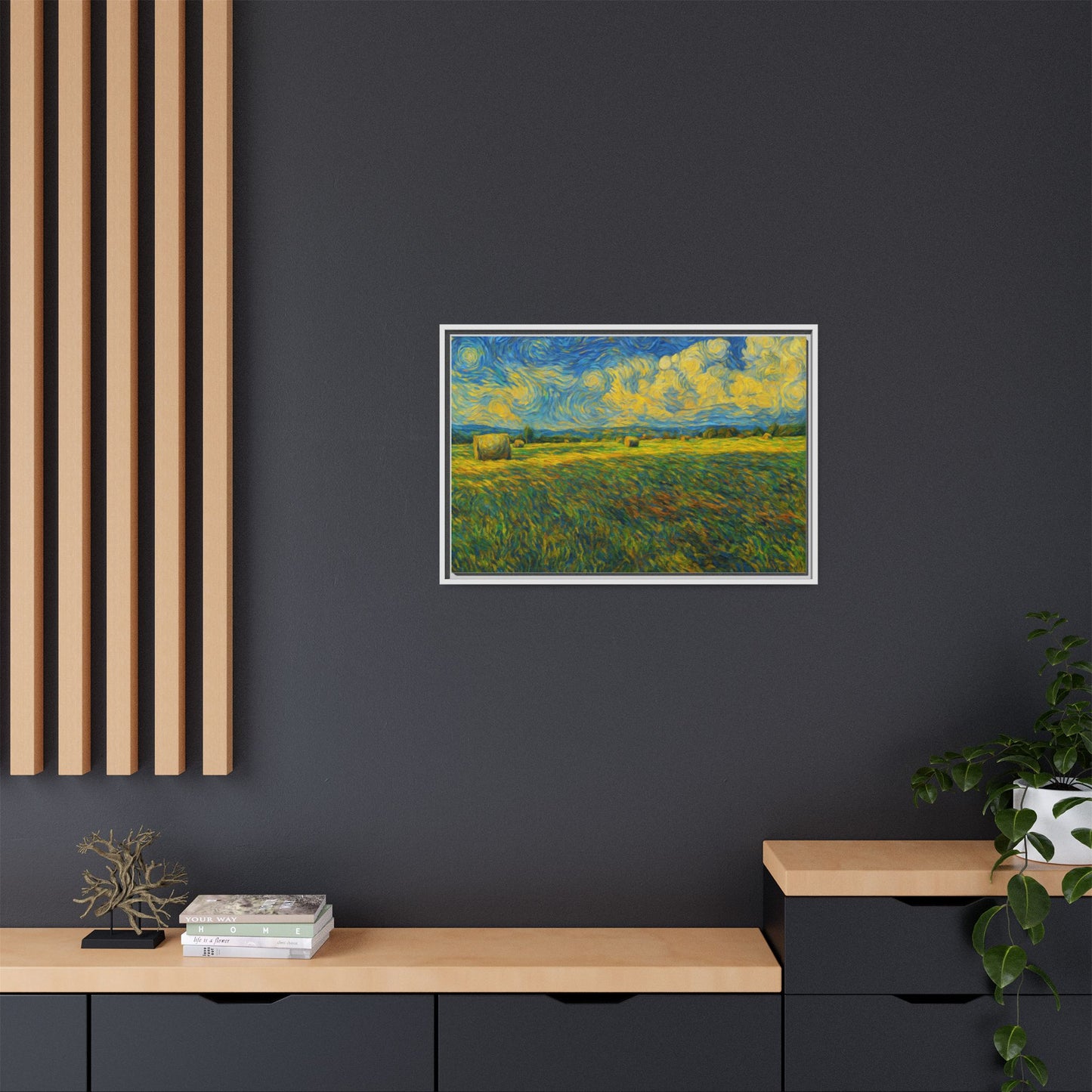 Framed multi-color landscape matte canvas print by Printify showcasing a scenic outdoor view with vibrant colors and natural scenery.