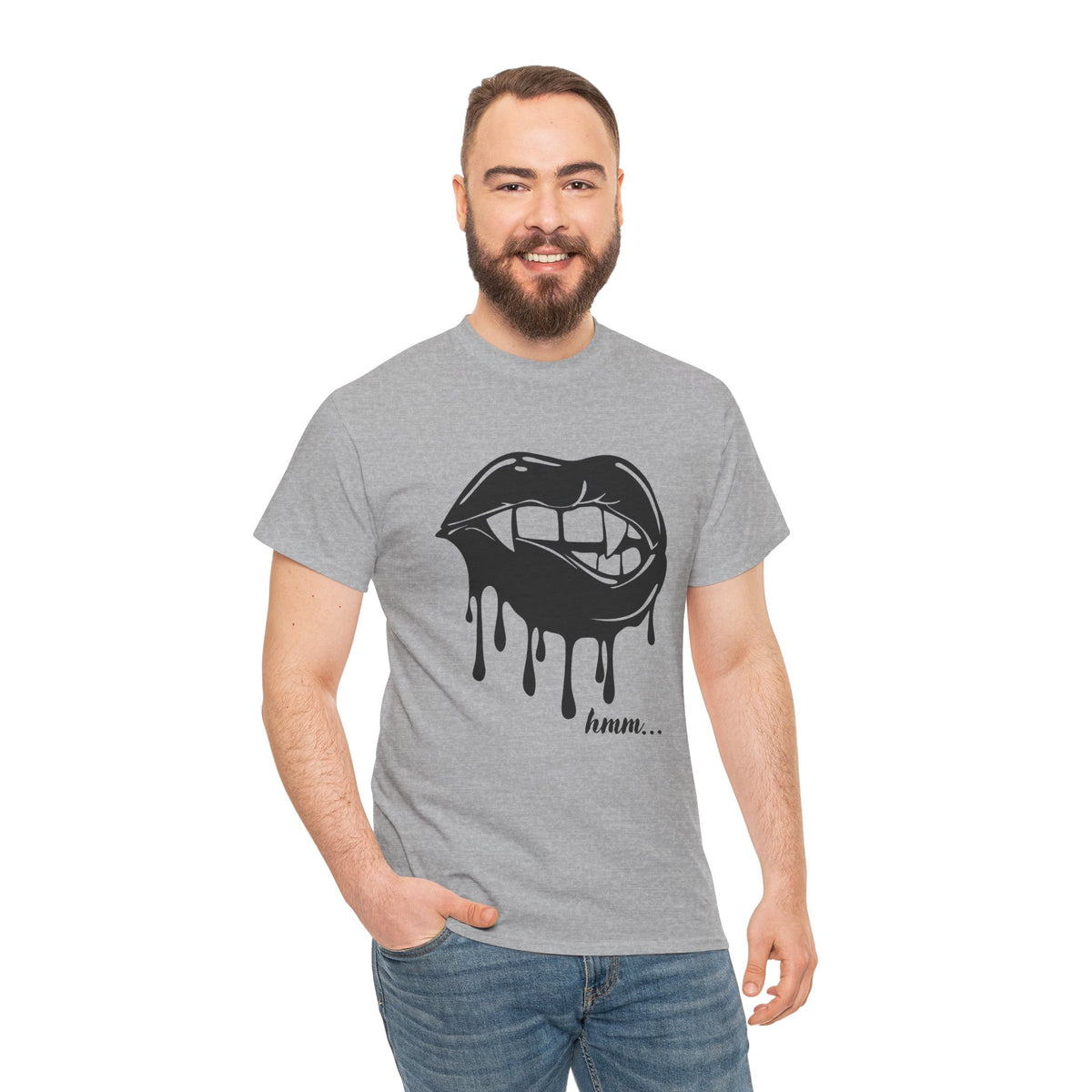 Graphic T-shirt by Printify featuring a dripping lips 'hmm...' bite design on a casual tee.