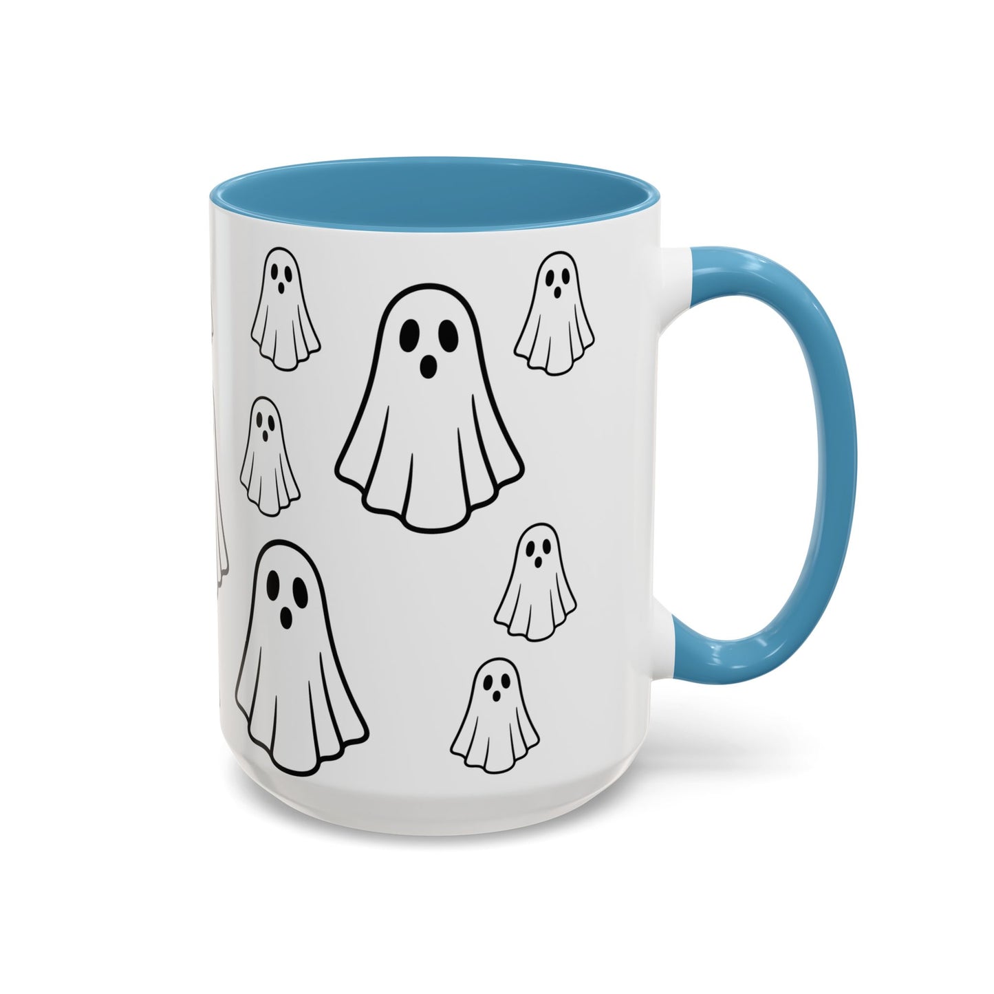 Ghost pattern accent coffee mug by Printify, cute Halloween ceramic mug with ghost design in 11oz or 15oz size.