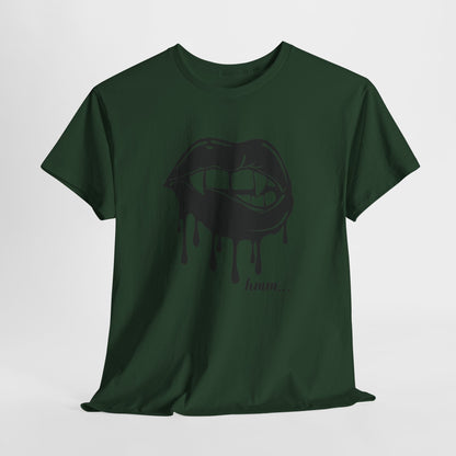 Graphic T-shirt featuring dripping lips and "hmm..." bite design on a white printify brand tee.