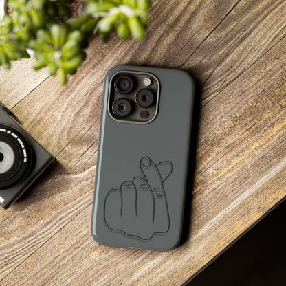Silicone phone case with embossed Korean finger heart design, compatible with smartphones, by Printify.