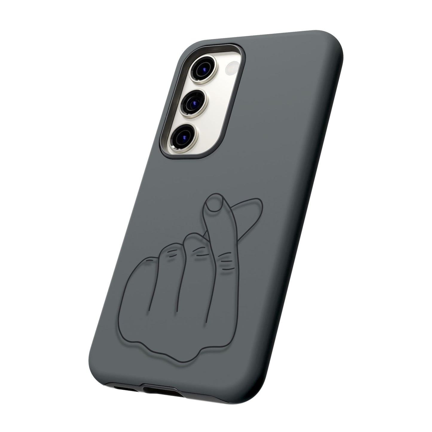 Silicone phone case with embossed Korean finger heart design, compatible with smartphones, by Printify.