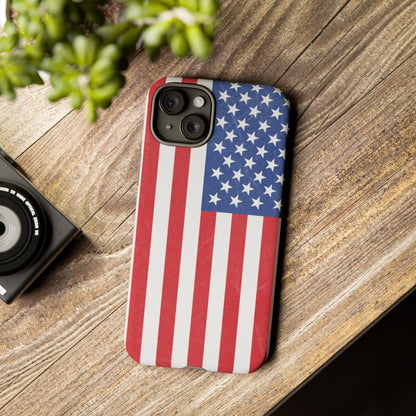 Durable American flag phone case for iPhone with patriotic design, made by Printify, providing protection and style.