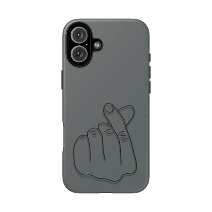 Silicone phone case with embossed Korean finger heart design, compatible with smartphones, by Printify.