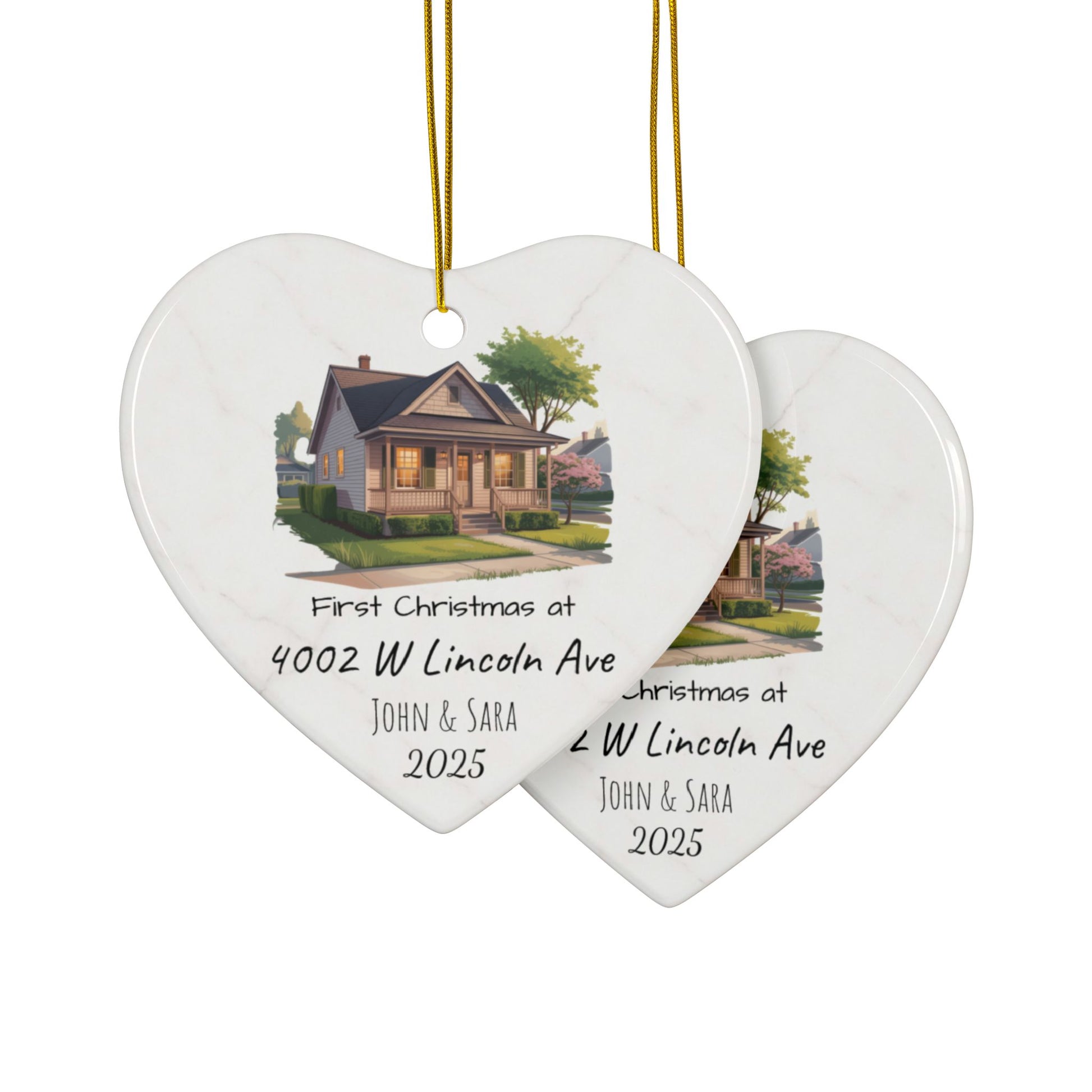Personalized ceramic house illustration ornament with custom address and names, double-sided Christmas ornament by Printify.