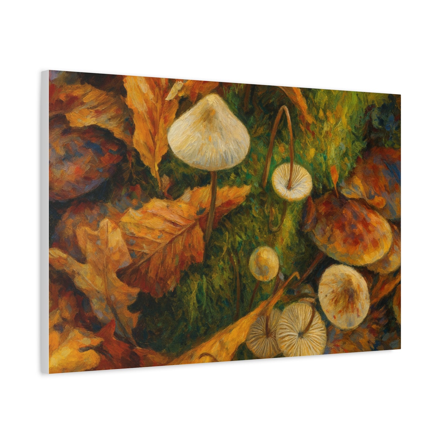 Canvas print featuring autumn mushrooms with vibrant fall colors, showcasing a detailed and natural mushroom forest scene.
