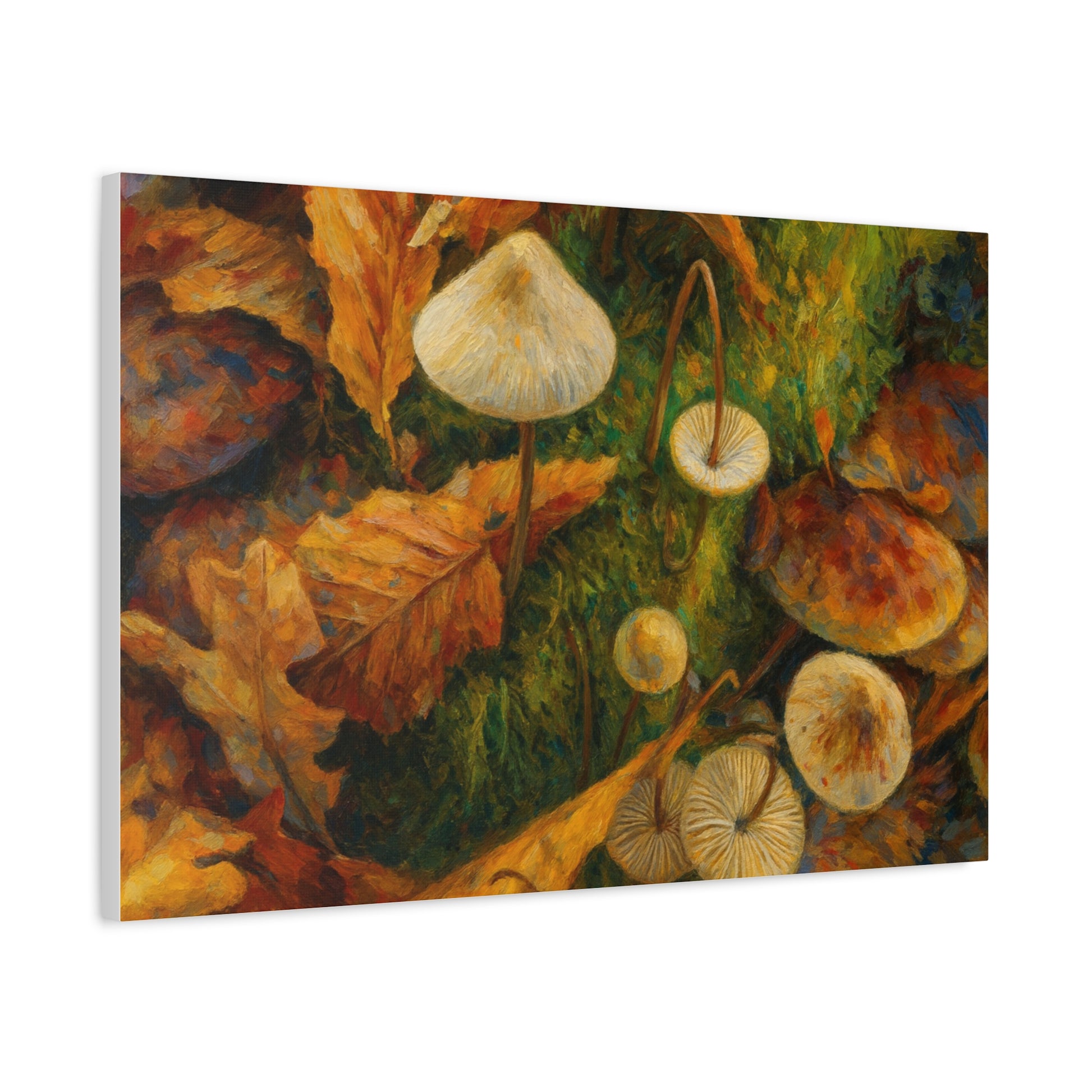 Canvas print featuring autumn mushrooms with vibrant fall colors, showcasing a detailed and natural mushroom forest scene.