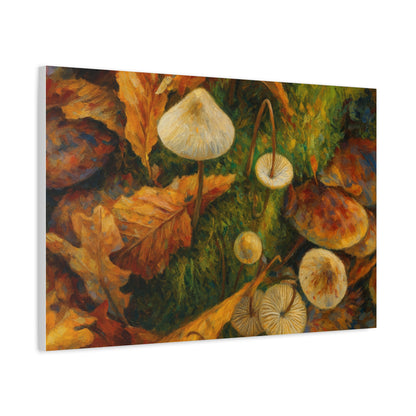 Canvas print featuring autumn mushrooms with vibrant fall colors, showcasing a detailed and natural mushroom forest scene.