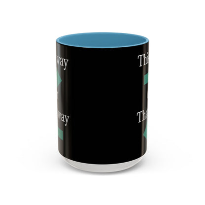 Ceramic coffee mug with "This Way or That Way" arrow design in black and white, 11oz or 15oz size, by Printify.