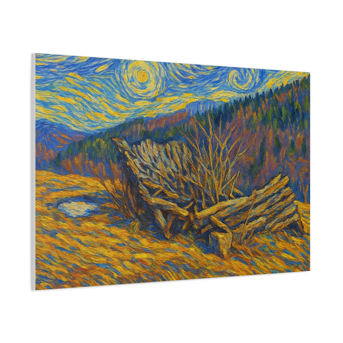 Impressionist starry landscape canvas print by Printify, featuring a night sky with stars and vibrant brushstrokes on canvas.