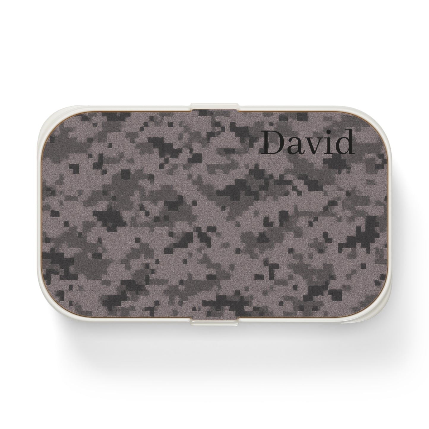 Personalized camouflage bento lunch box with optional custom name, durable accessories by Printify, ideal for packing meals.