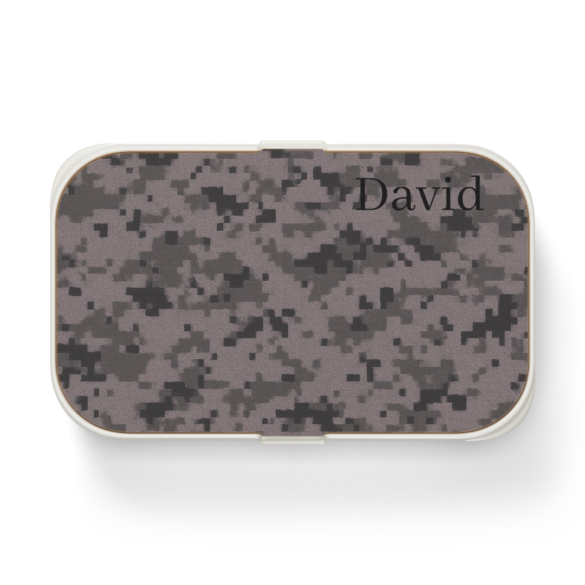 Personalized camouflage bento lunch box with optional custom name, durable accessories by Printify, ideal for packing meals.