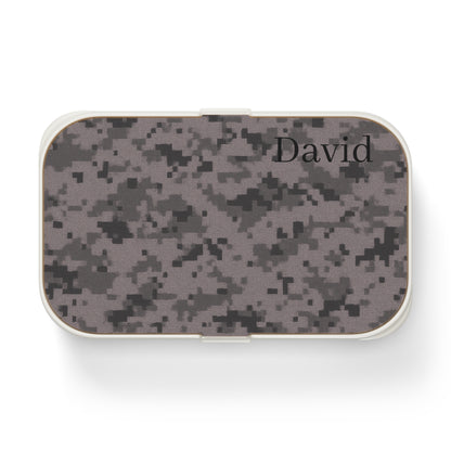 Personalized camouflage bento lunch box with optional custom name, durable accessories by Printify, ideal for packing meals.