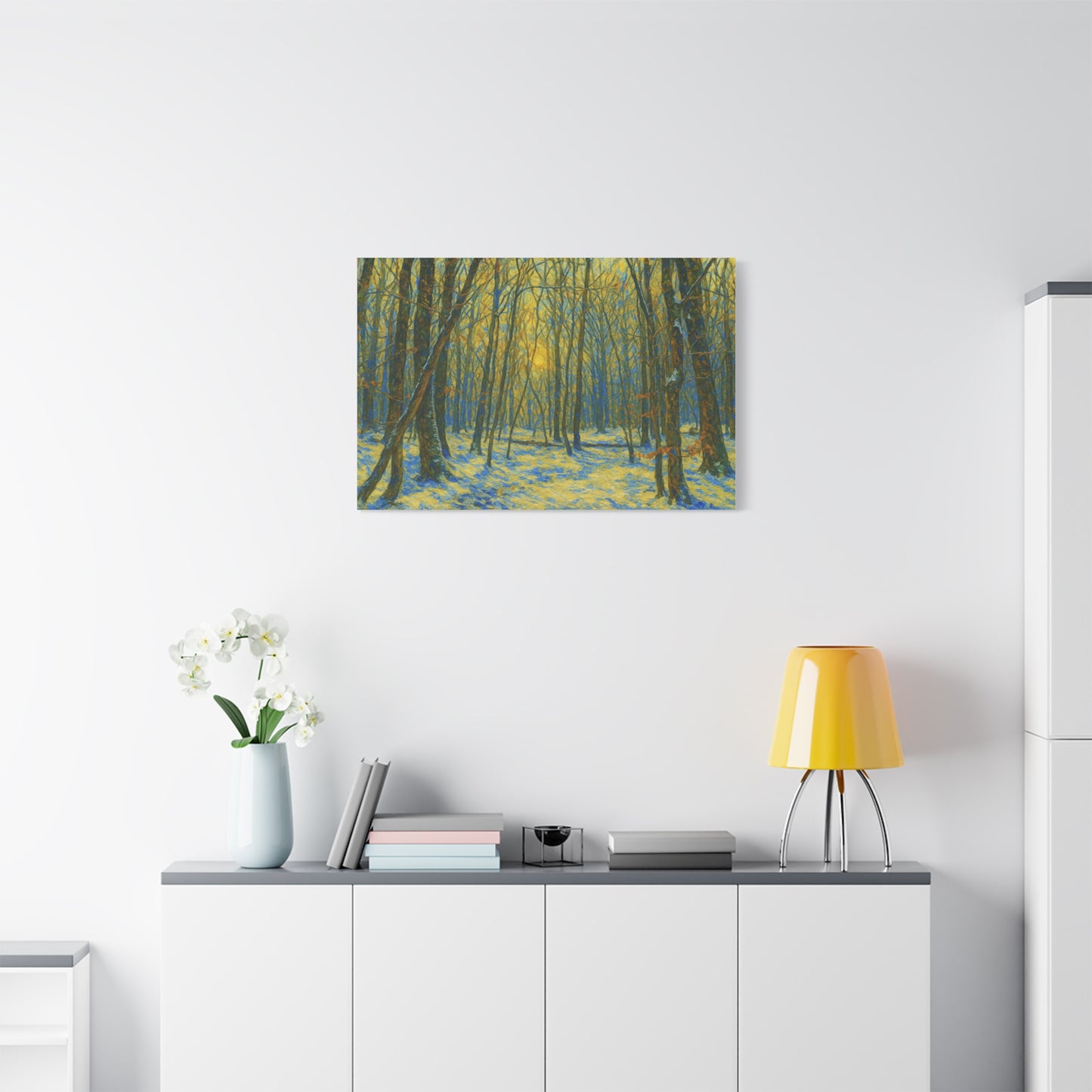 Winter woodland forest sunlight canvas print by Printify, featuring a matte stretched art of a serene winter forest scene.
