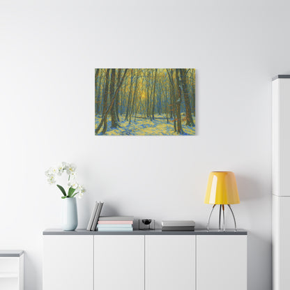 Winter woodland forest sunlight canvas print by Printify, featuring a matte stretched art of a serene winter forest scene.