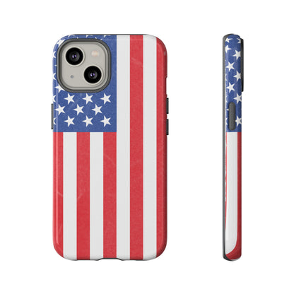 American flag tough phone case for iPhone and Samsung, patriotic protective cover with bold flag design by Printify.